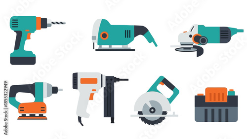 Essential power tools collection in modern flat design for diy