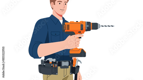 Tradesperson with drill in blue shirt and tool belt holding an