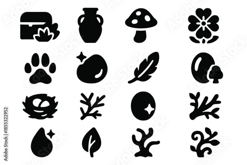 Discovery Icons Set. Solid style icons of Discovery Elements: hidden object, small artifact, unusual mushroom, rare flower, animal