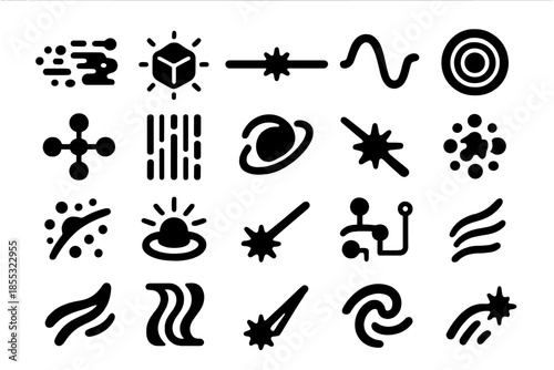 Quantum Data Icons. Solid style icons of Quantum Data Flow: particle stream, glowing cube, photon line, wave arc, energy pulse,