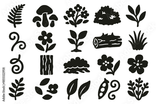 Woodland Flora Icons. Solid style icons of Woodland Flora: fern frond, mushroom cluster, flowering shrub, moss patch, vine tendril