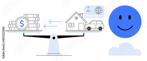 Money balance concept. A scale balancing money with assets thumbs up a house and car, financial transactions. Money balance s stability and value. For finance, economy, budgeting, online banking