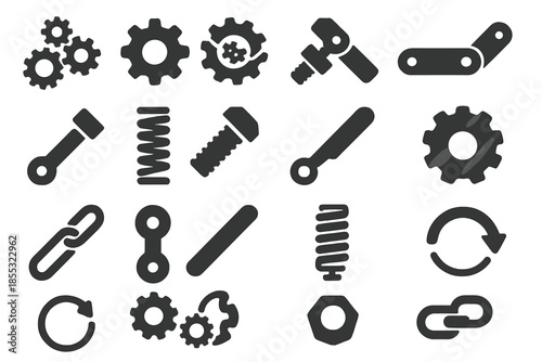 Mechanical Icon Set. Solid style icons of Clockwork Mechanisms: gear cluster, toothed wheel, cog mesh, hinge joint, rotating axle,