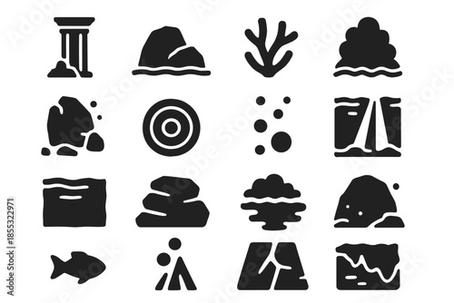 Oceanic Ruins Icons. Solid style icons of Oceanic Ruins: broken column, submerged stone, coral fragment, moss patch, shadowed rock
