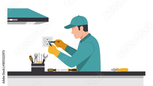 Electrician fixing outlet in modern kitchen setting with tools
