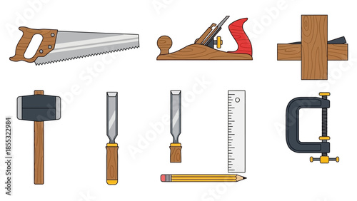 Set of woodworking tools: saw, chisel, plane, and more in flat design