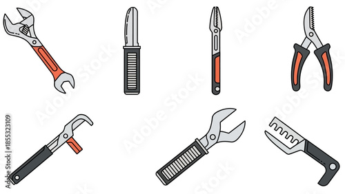 Hand tool icons set: wrench, knife, pliers in modern flat design