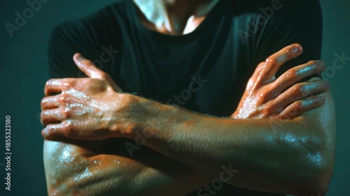 Fitness motivation with sweaty skin and muscle definition.