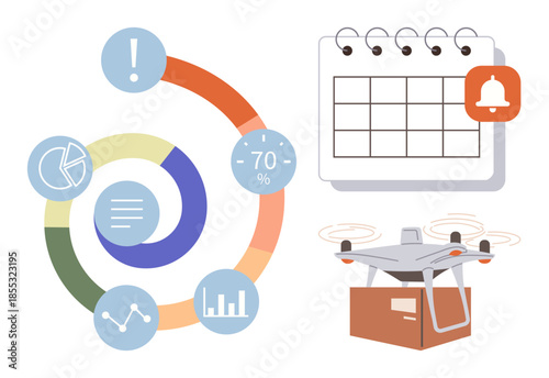 Circular chart displaying analytics, calendar with notification, and quadcopter delivering package. Ideal for business, innovation, logistics, statistics, planning e-commerce and technology. Modern