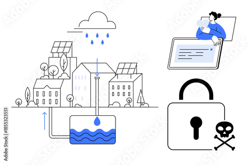 Smart city development. Smart cities integrate water management and cybersecurity to optimize resources, protect digital systems, and ensure sustainability. Useful for urban planning, IoT