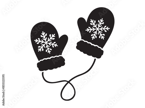 Black silhouette of winter mittens with snowflake design connected by string, illustration. concept of cold weather, cozy clothing, winter season, icon, design element