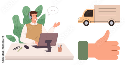 Customer support representative wearing headset at desk, delivery truck, and thumbs-up gesture. Ideal for logistics, communication, customer service, teamwork, efficiency, feedback simple flat