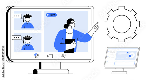 Online learning, virtual classrooms, e-teaching, educational technology, remote education, digital instruction. Teacher interacting with learners via online platform. Online learning and virtual