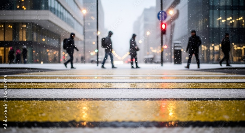 Obraz premium Man and woman walking on a snowy crosswalk in a city during winter. Urban people commuting on a cold, winter day.