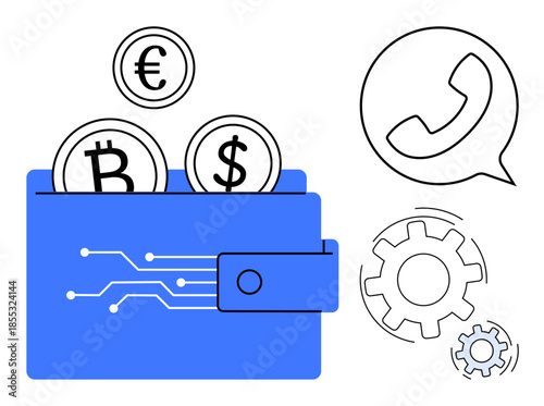 Cryptocurrency, digital payments, blockchain, financial technology, call support, transaction processing. A digital wallet with Bitcoin, Euro and Dollar coins gears and phone icons. Cryptocurrency