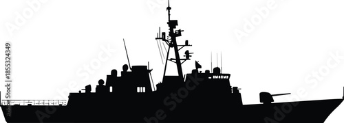 Black Silhouette of a Modern Naval Warship Destroyer with Radar Antennas and Artillery Systems Isolated on White Background for Military and Maritime Design