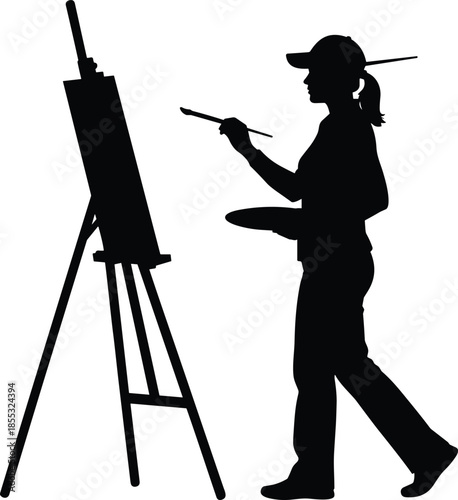 Female artist painting on easel silhouette, woman painter with brush and palette illustration, creative hobby or professional art studio scene, isolated,