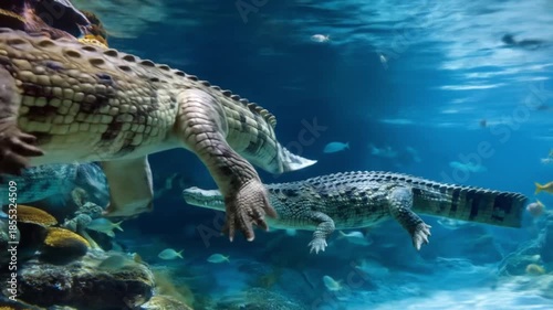 Two armored crocodiles glide through azure water past rocky reefs, watched by many tiny fish
