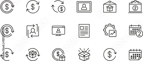 A collection of 25 small black and red icons on a beige background