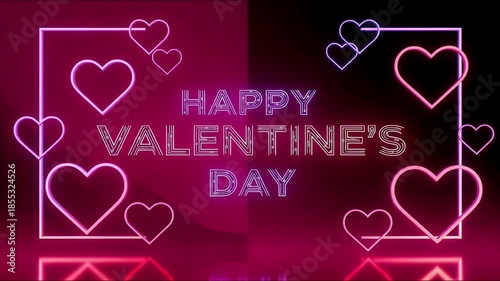 Neon Valentine's Day Greeting | Glowing Hearts & Text on Pink-Purple Split Background | Vibrant Romantic Celebration Design