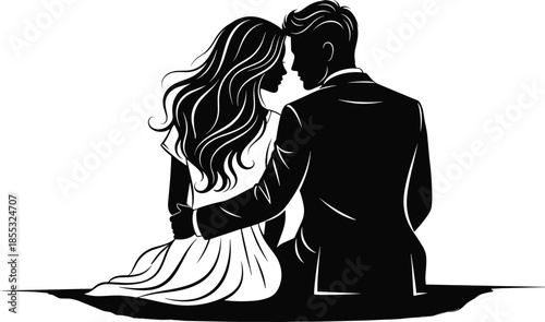 Romantic wedding couple silhouette, bride in white dress and groom in suit sitting together, elegant love story illustration, anniversary card vector, isolated,