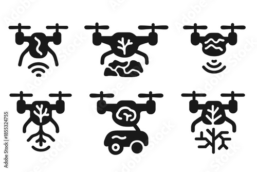 Aerial Bio-Mapping Drones. Solid style icons of aerial bio-geographic analyzers: hybrid river-nerve UAV, biological landscape