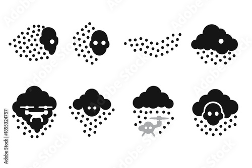 Flickering Nanite Swarm. Solid style icons of a nanite swarm that appears and disappears: flickering nano formation, transient