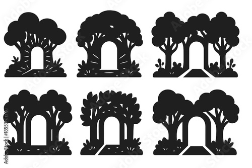 Radiant Grove Portal. Solid style icons of a grove where light forms doorways: radiant grove portal, luminous canopy doorway,
