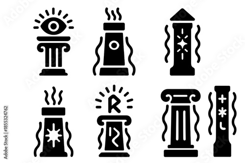Mystical Pillar Icons. Solid style icons of pillars receiving visions through osmosis: luminous oracle pillar, vision-absorbing