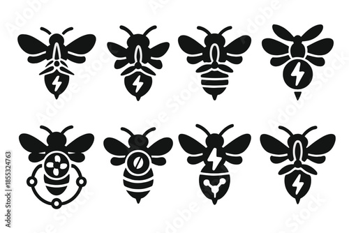 Bee Energy Icons. Solid style icons of a bee generating power from flight pressure: kinetic wing turbine, energy-harvesting bee,