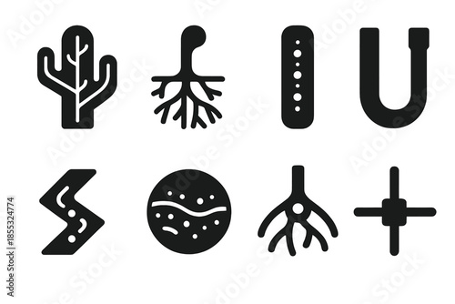 Desert Water Iconography. Solid style icons of desert water networks: cactus vein path, sand root flow, glowing moisture tube,