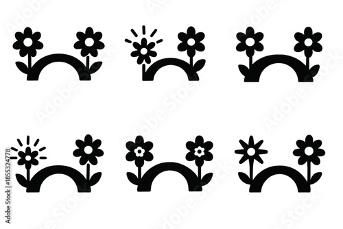 Floral Bridge Icons. Solid style icons of petals forming connections across gaps: blooming bridge pattern, radiant petal link,