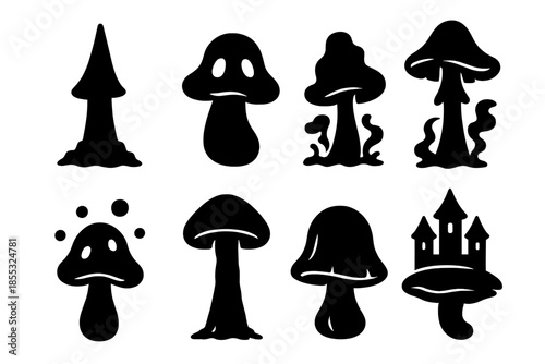 Phantom Mushroom Icons. Solid style icons of phantom mushroom towers: spectral spire, ghostly cap, misty stem, glowing tower
