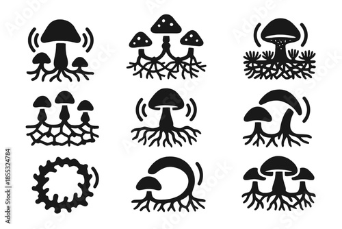 Chanting Fungal Icons. Solid style icons of chanting fungal systems: harmonic root web, resonating cap chain, tonal mycelium mesh,