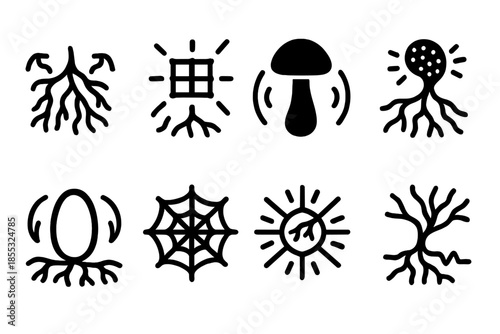 Mycelial Magnetic Networks. Solid style icons of mycelial magnetic networks: interlinked root field, glowing energy mesh, magnetic