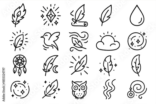 Mystical Feather Icons. Line style icons of mystical feathers: phoenix feather, magical spark, scroll, ink droplet, glowing plume,