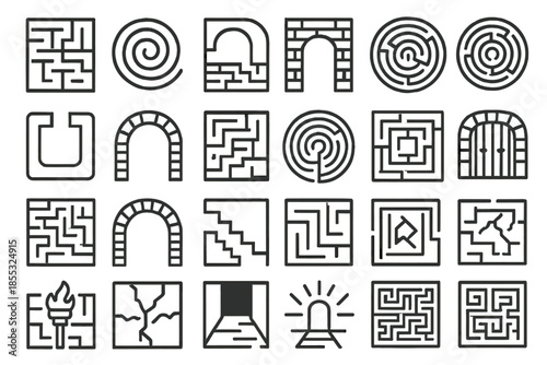 Labyrinth Icon Collection. Line style icons of labyrinth architecture: maze walls, spiral path, stone corridor, winding passage,