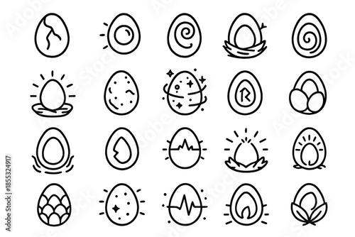 Ancient Egg Icons. Line style icons of ancient eggs: shell crack, glowing yolk, spiral mark, nest bed, radiant glow, stone egg,