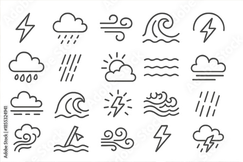 Stormy Weather Icons. Line style icons of stormy weather: lightning bolt, rain cloud, gust swirl, heavy wave, thunder arc, storm