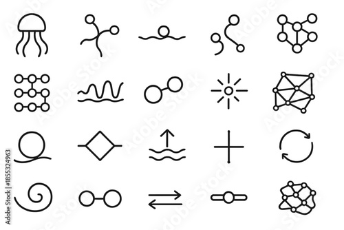 Neural Sea Algorithms. Line style icons of neural-sea algorithms: jellyfish neuron, branching synapse, floating node, signal