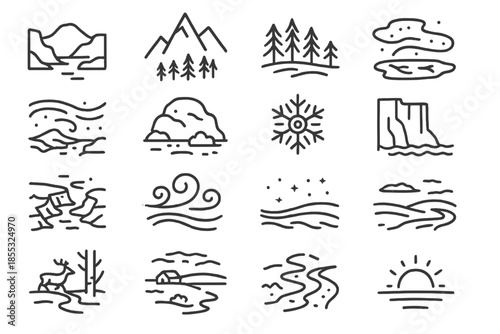 Nordic Landscape Icons. Line style icons of nordic landscapes: fjord, mountain ridge, pine forest, frozen lake, aurora sky, rocky