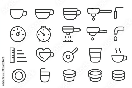 Espresso Brewing Icons. Line style icons of espresso brewing: espresso cup, double shot, crema layer, portafilter, steam wand,