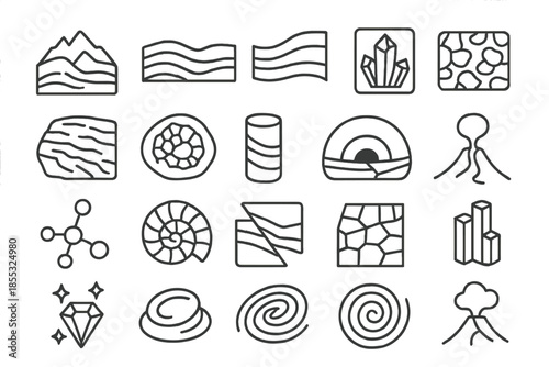 Geology Line Icons. Line style icons of geology and minerals: mountain cross-section, stone layer, sediment stratum, crystal vein,