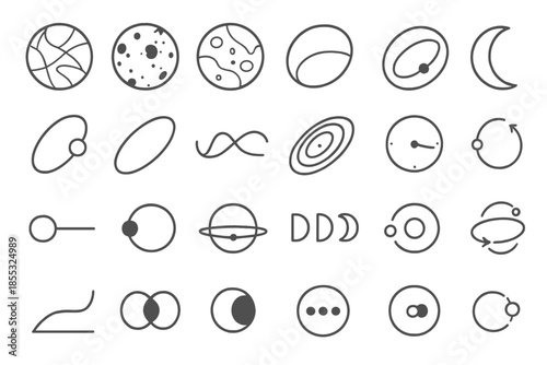 Celestial Line Art. Line style icons of moons and orbits: Europa, Ganymede, Callisto, Io, moon shadow, orbital ring, planet path,