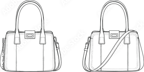 Vector Set of Women Fashion Handbag Technical Sketches Featuring Front View Designs with Top Handles Crossbody Straps and Stylish Metal Hardware for Accessories Manufacturing