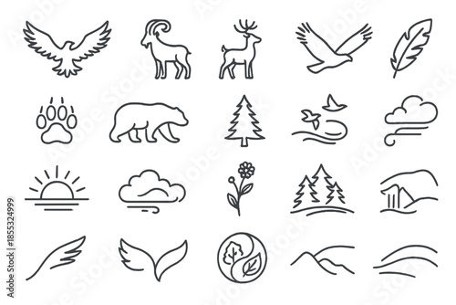 Wildlife Line Icons. Line style icons of wildlife and freedom: eagle flight, mountain goat, deer silhouette, falcon in air, hawk