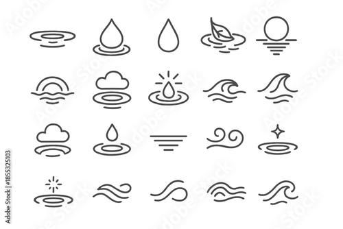 Water Stillness Icons. Line style icons of Water and Stillness: lake surface, ripple wave, droplet, calm pond, floating leaf,