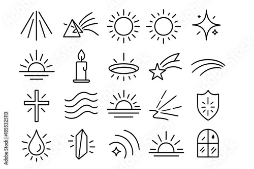 Divine Light Icons. Line style icons of Divine Light: ray beam, prism arc, radiant aura, glass reflection, sunrise glow, candle