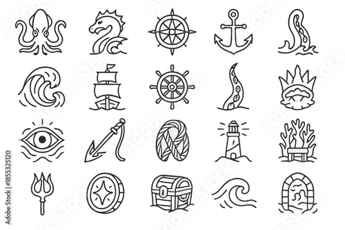 Sea Legends Icons. Line style icons of Sea Legends: kraken, leviathan, compass rose, anchor, storm wave, ship mast, sailor helm,