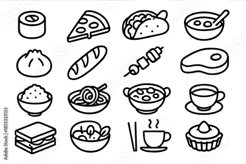 World Cuisine Icons. Line style icons of World Cuisine: sushi roll, pizza slice, taco, curry bowl, dumpling, baguette, kebab
